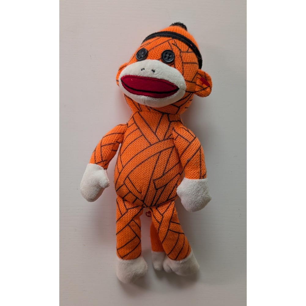 Ty Beanie Baby Mummy Sock Monkey Orange Halloween Plush Knit Toy Button Eyes